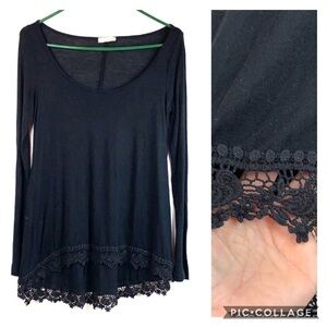 Kona tunic top high low crochet trim wide neck